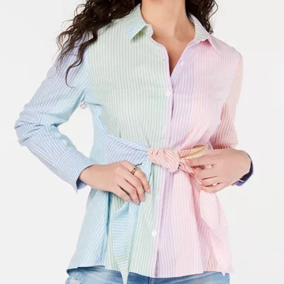 TOMMY HILFIGER Multicolor Striped Blouse with belt | Women's Size Medium - Picture 2 of 6